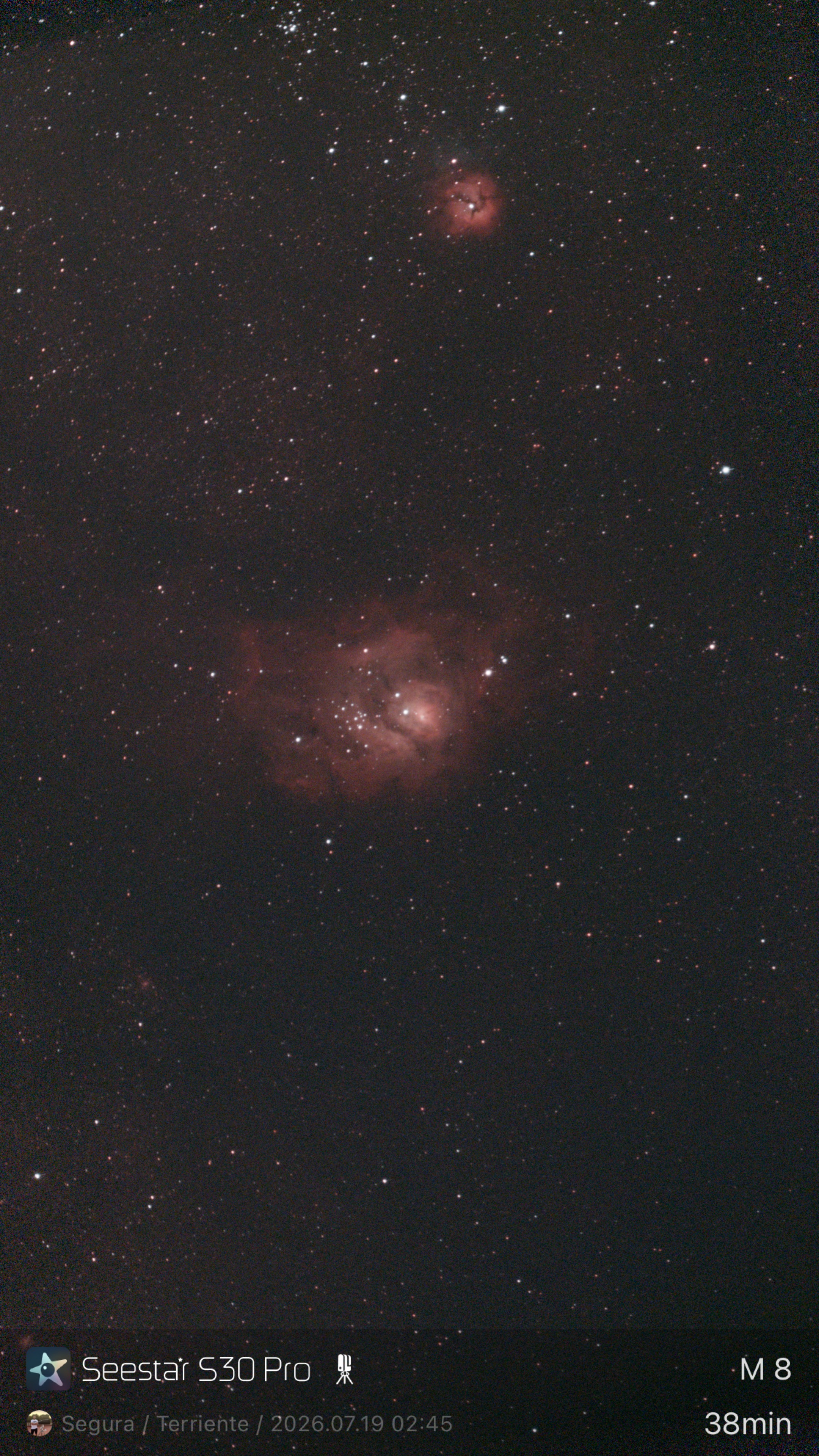 Nebulosa de la Laguna y Trífida (M8) capturadas con el Seestar S30 Pro